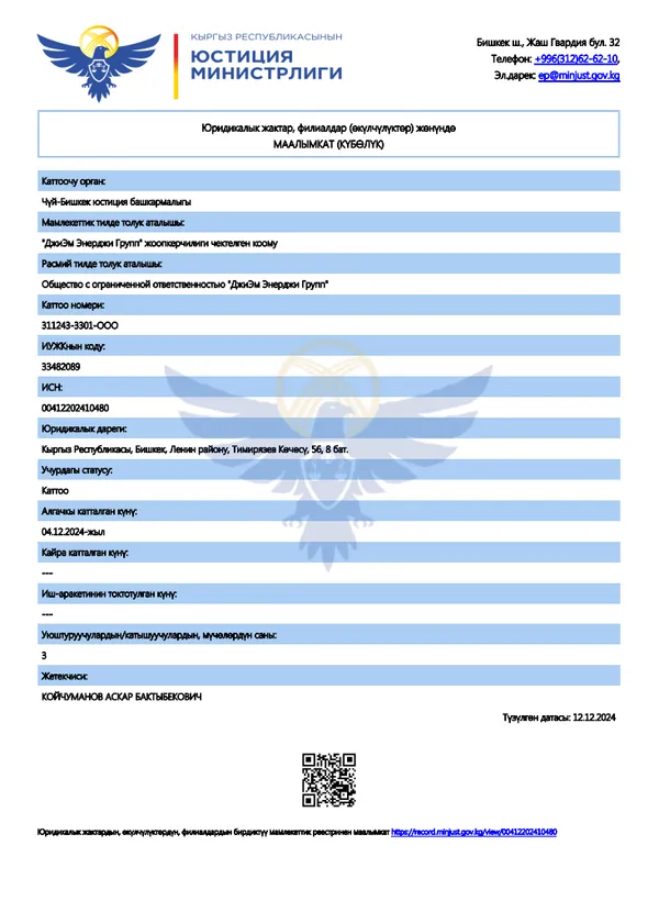 Kyrgyzstan business registration certificate